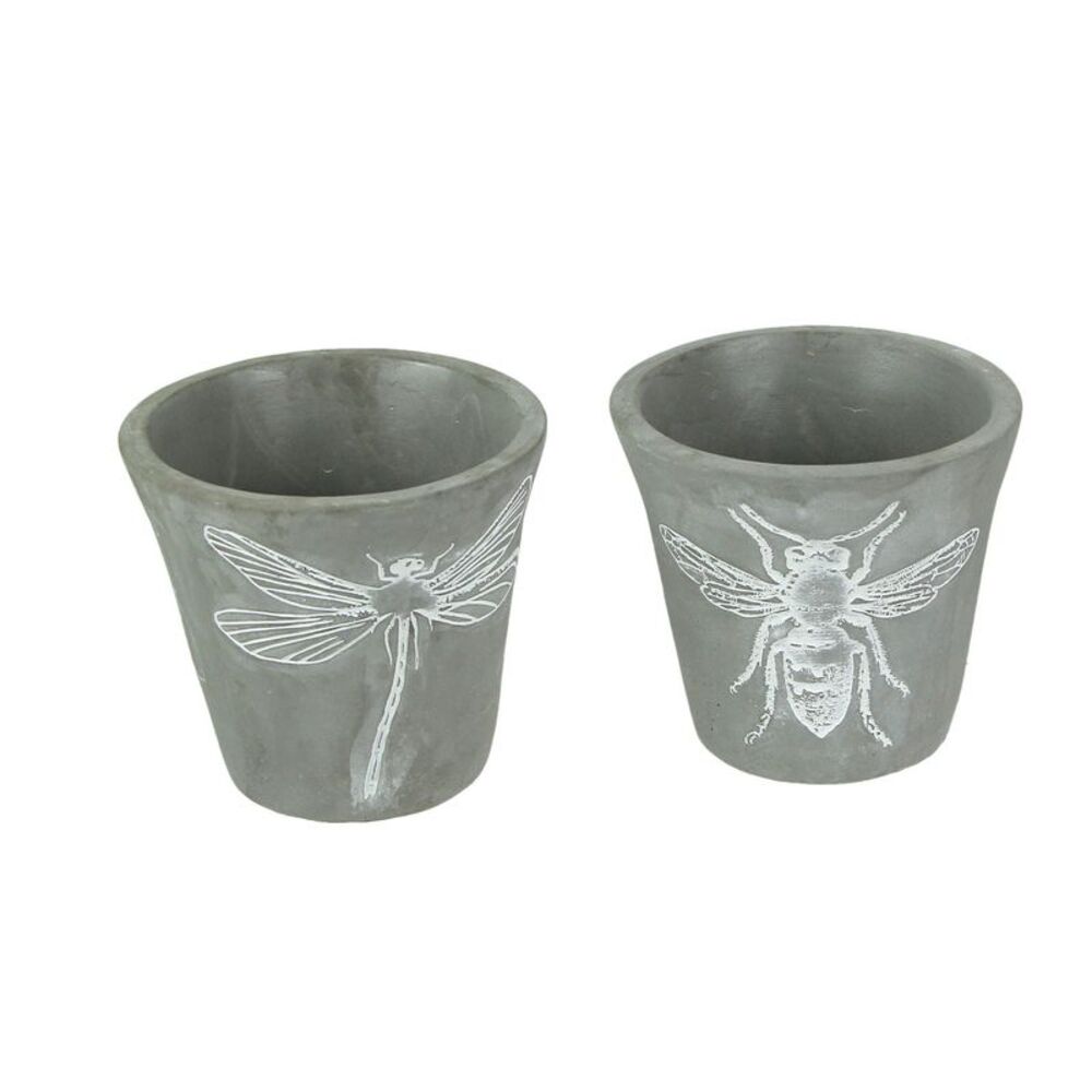 Set of 2 Cement Planters Bee Dragonfly Decorative Flower Plant Pot